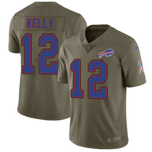 Nike Bills #12 Jim Kelly Olive Men's Stitched NFL Limited Salute To Service Jersey